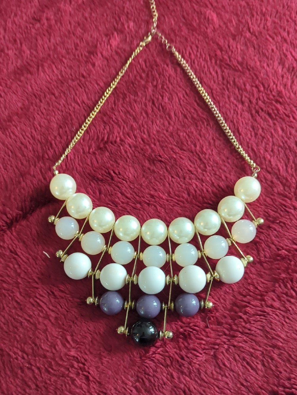 Gold-Tone Pearl and Bead Bib Necklace in White, Cream & Purple